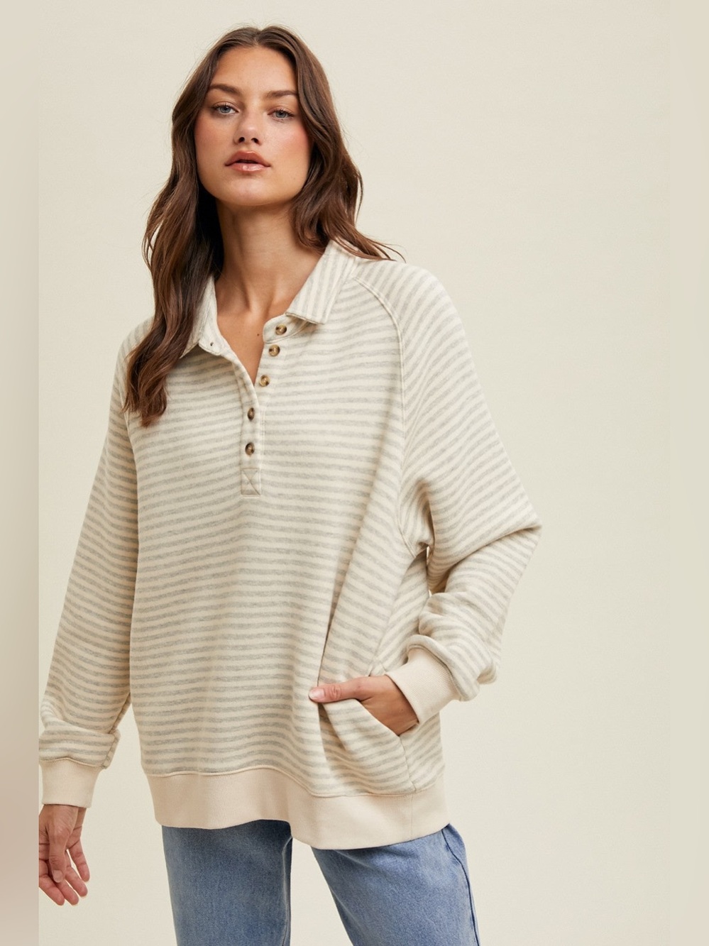 Wishlist Striped Button Up Pullover Sweatshirt